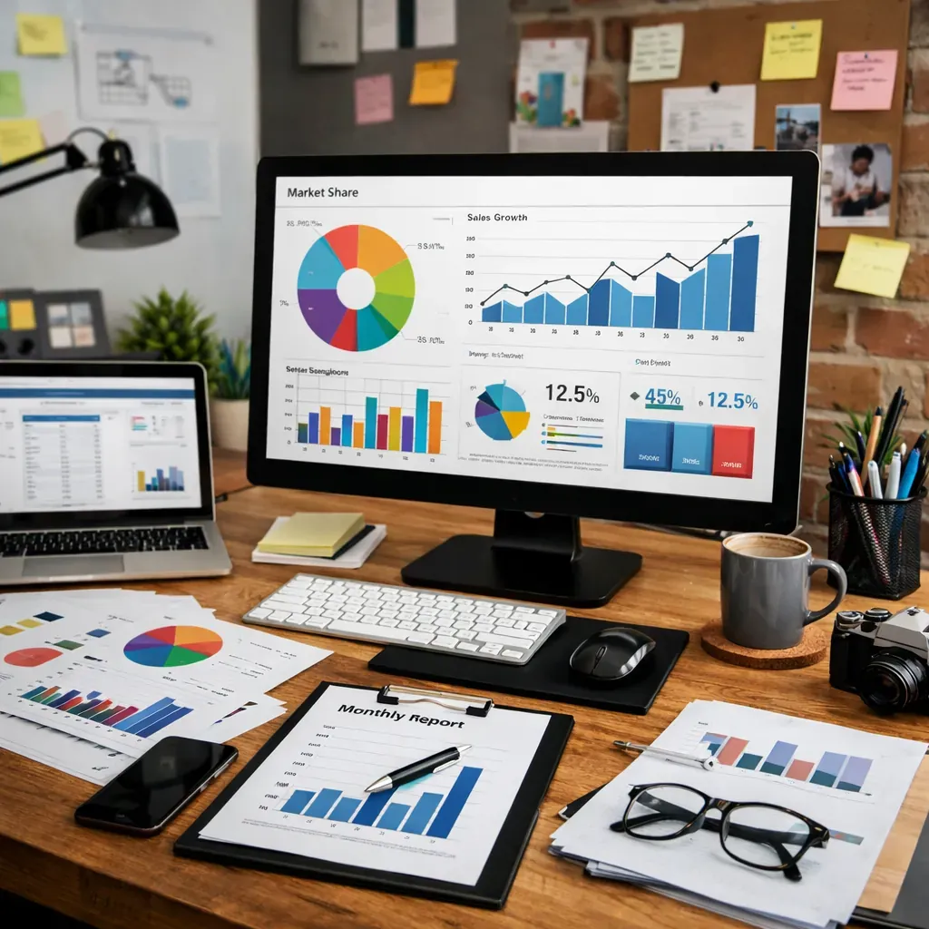 Creative office workspace with analytics