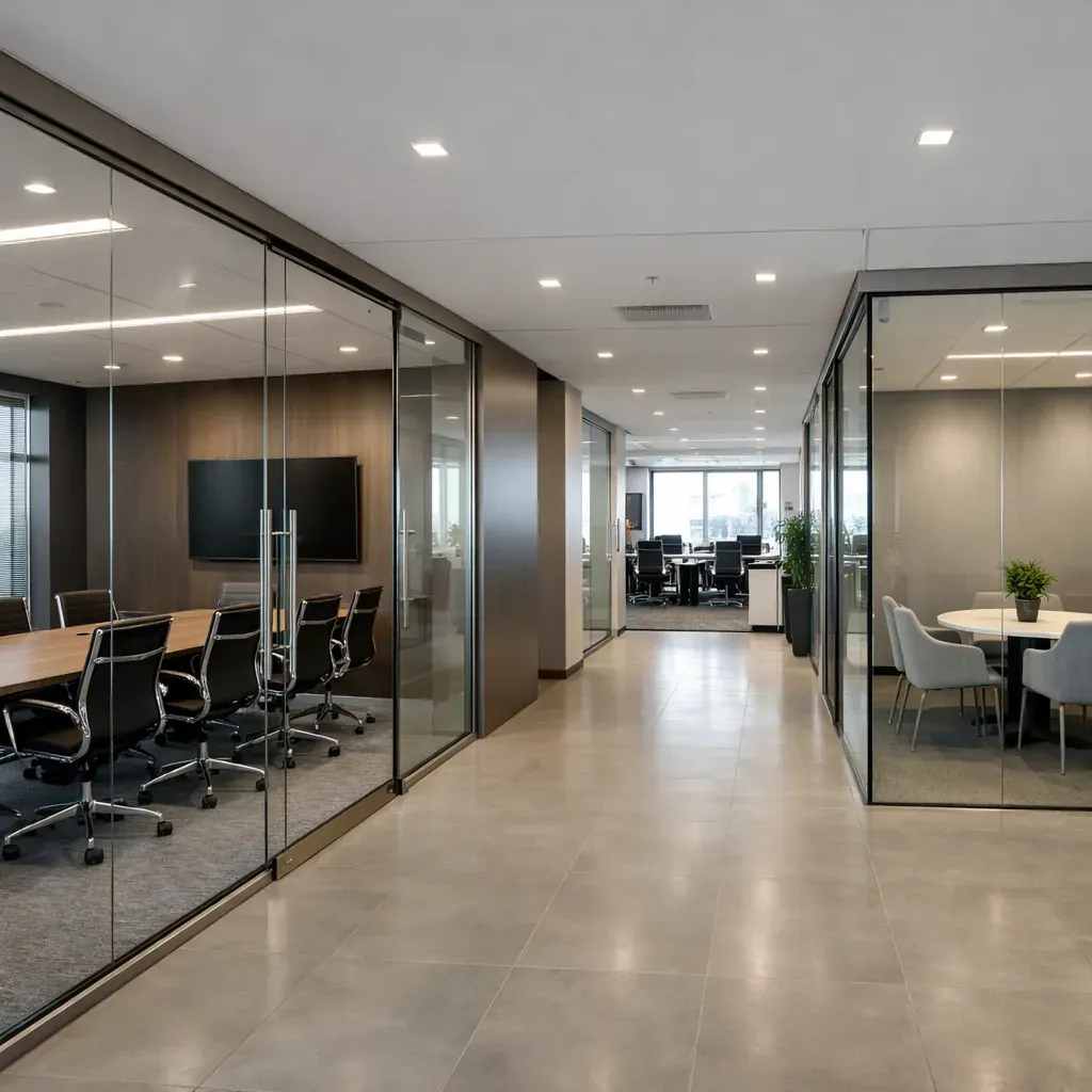 Modern corporate office interior with glass walls