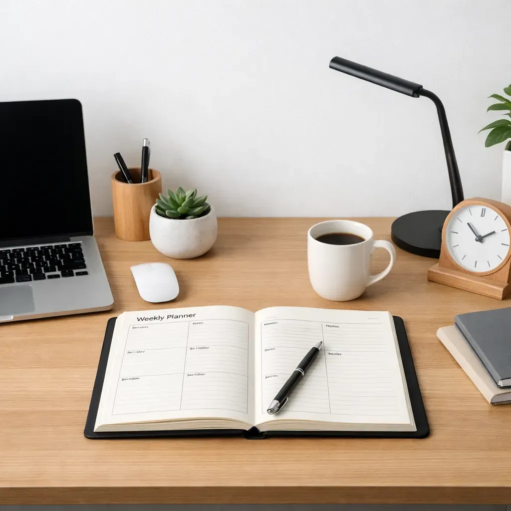 Minimalist desk setup with planner