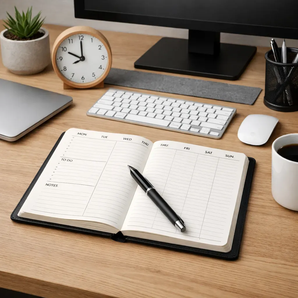 Minimalist desk setup with planner