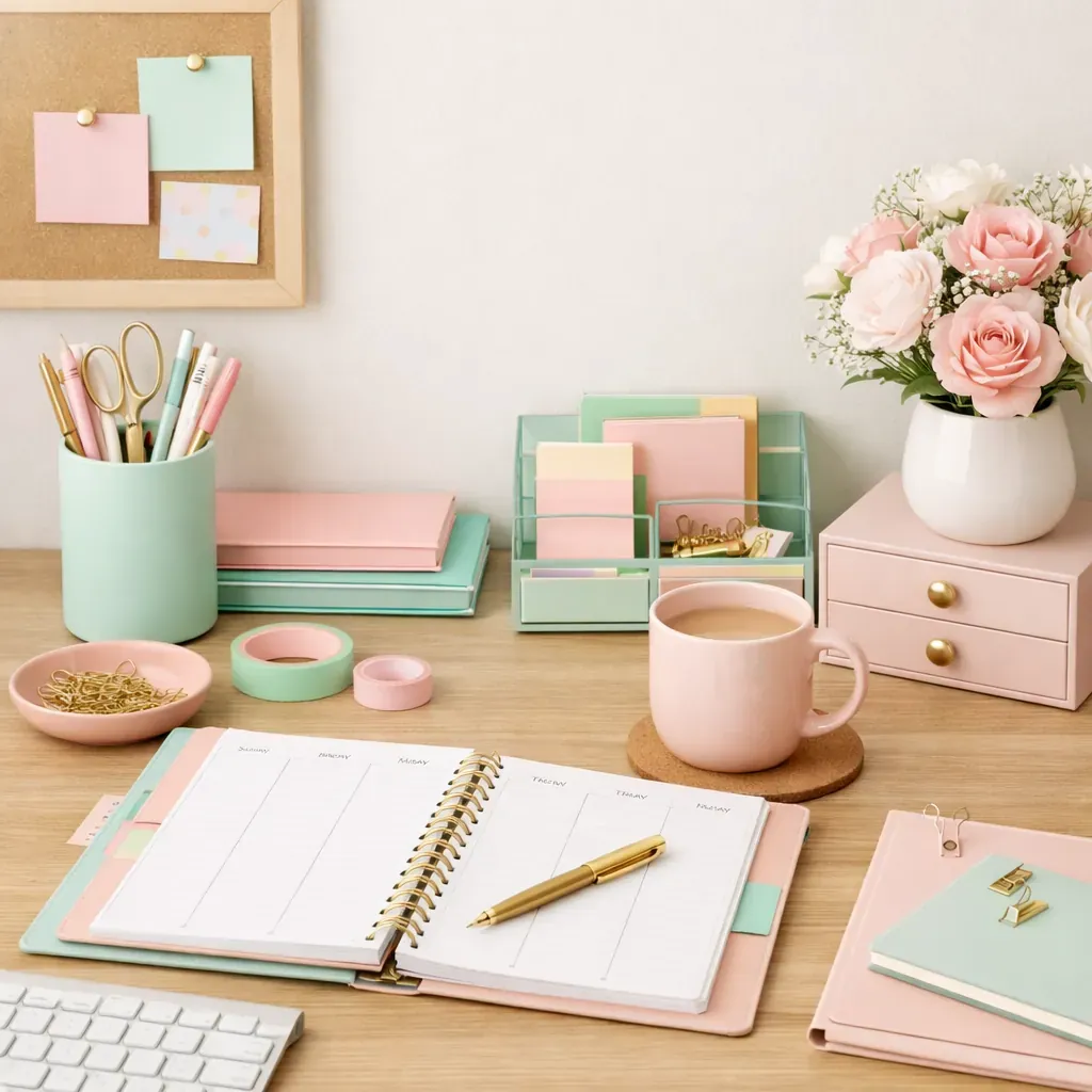 Organized pastel desk setup