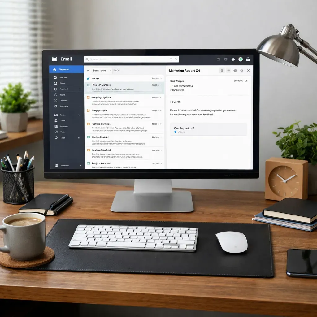 Clean desk setup with email client