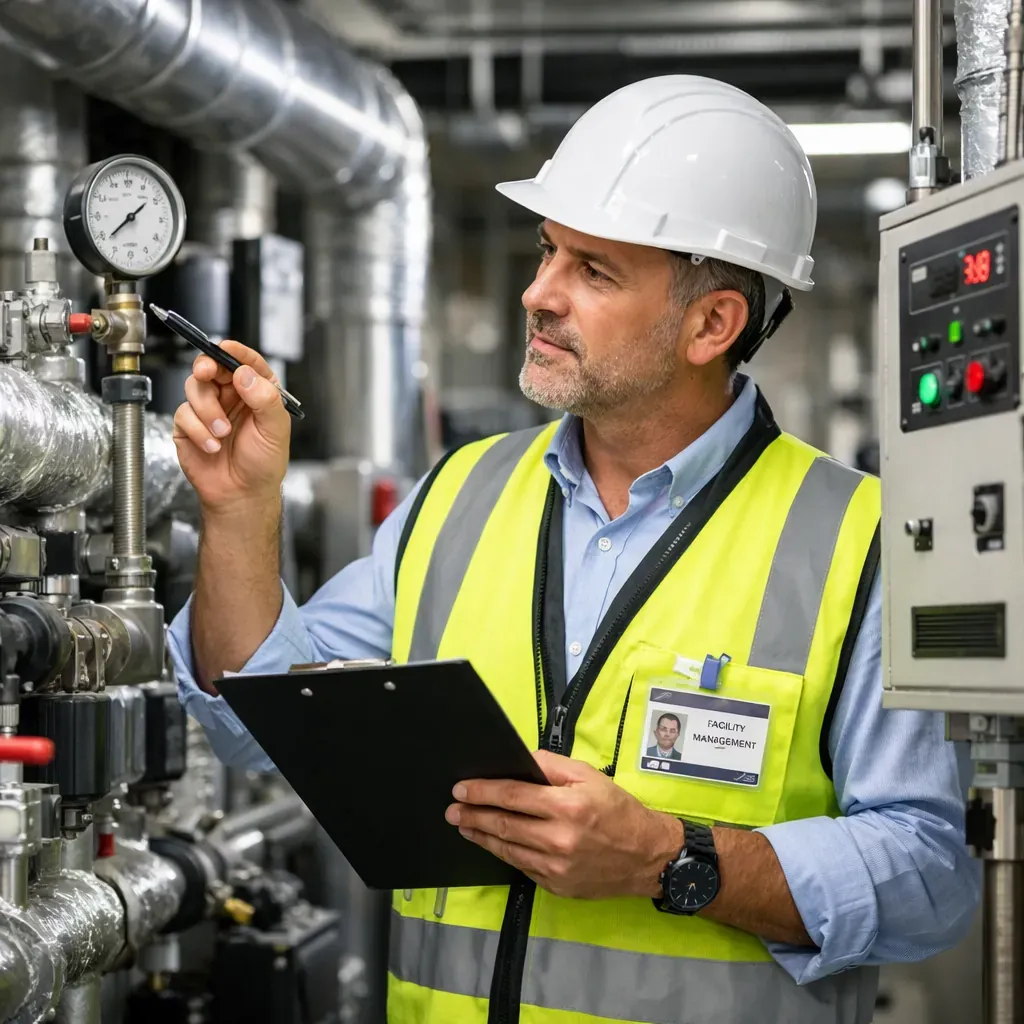 Facility management professional inspecting systems