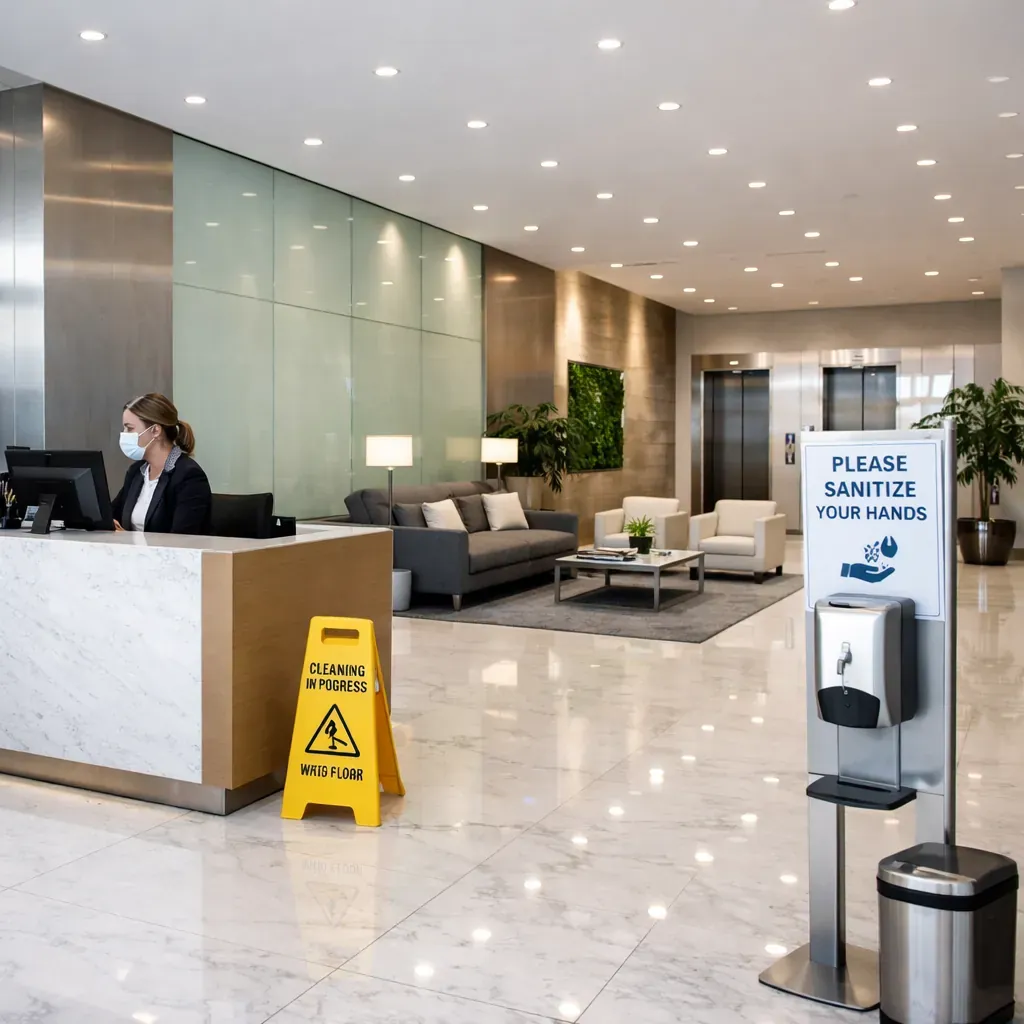 Modern corporate lobby showcasing impeccable hygiene standards