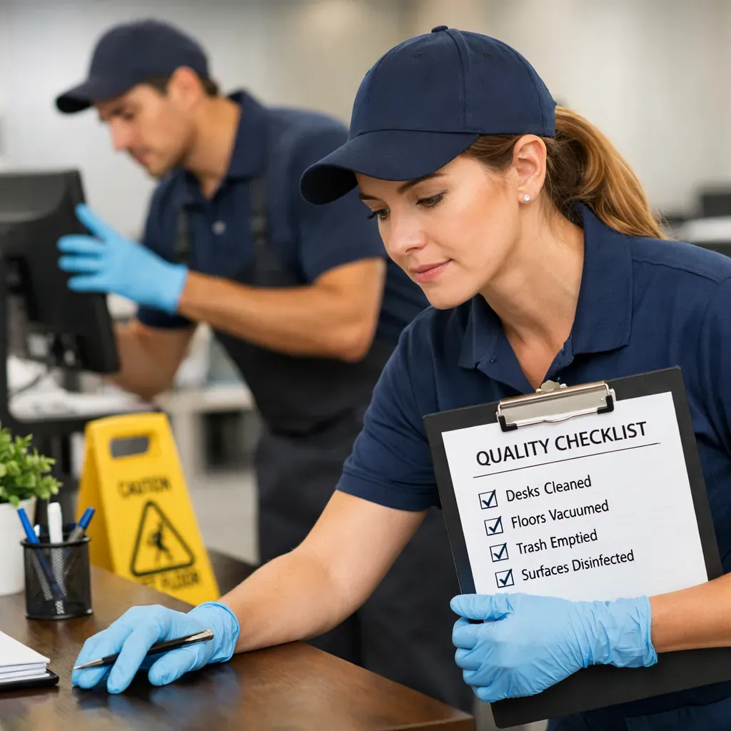 Professional cleaning staff performing quality check
