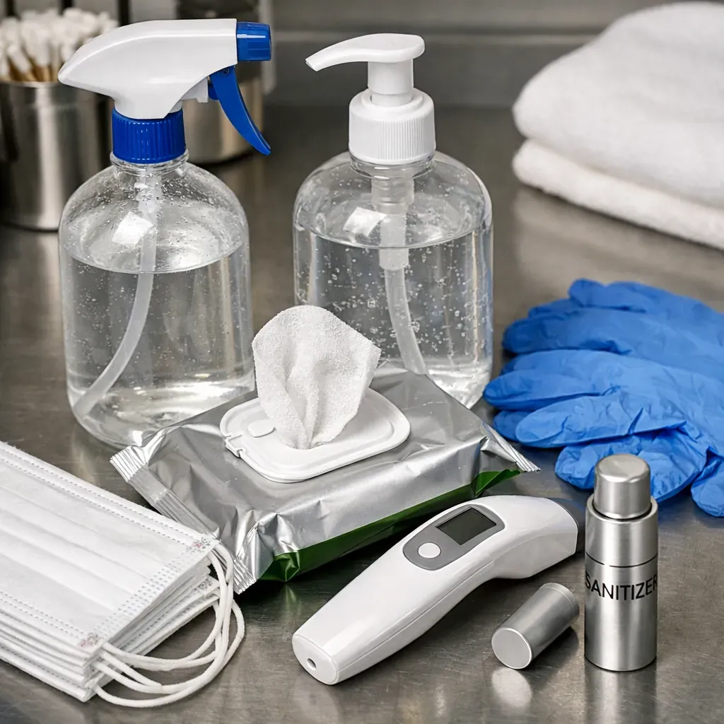 Detailed close-up of sanitization tools