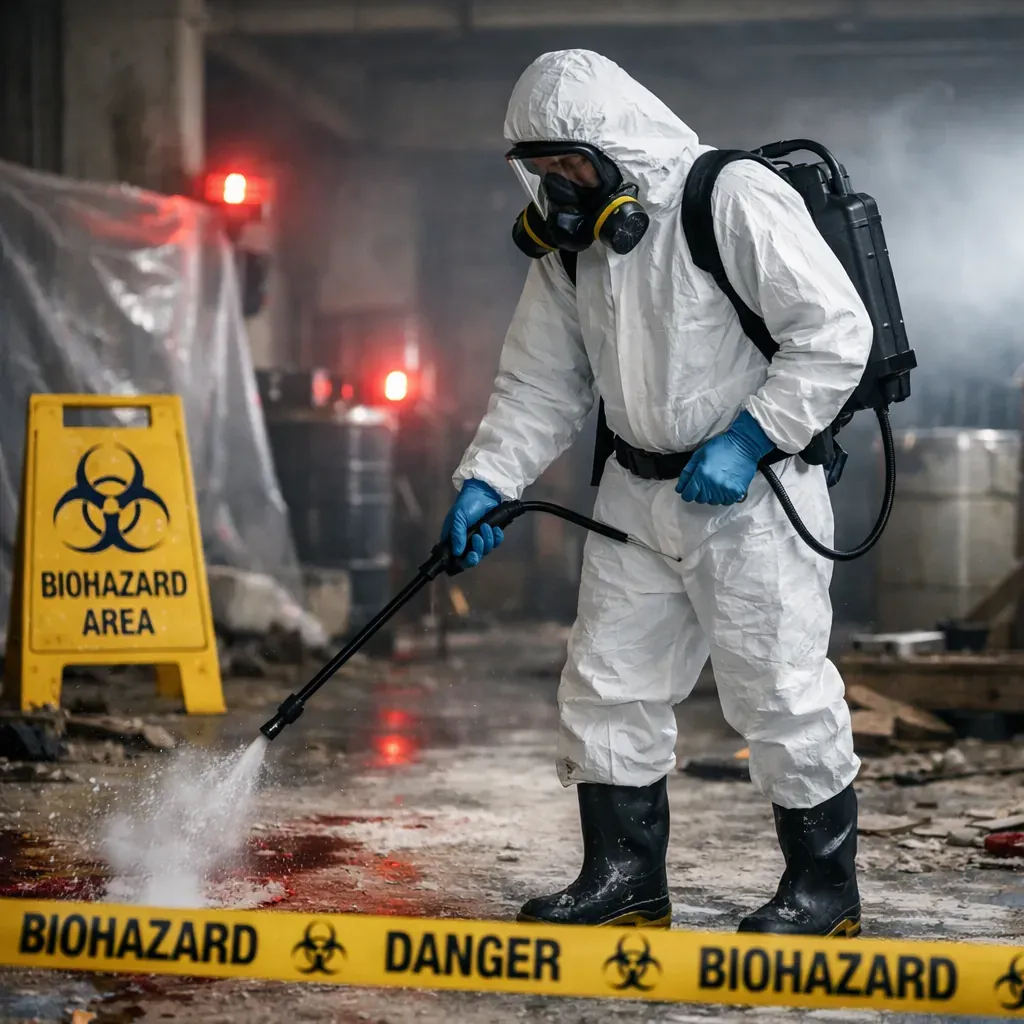 Worker in hazmat suit executing bio-hazard protocol