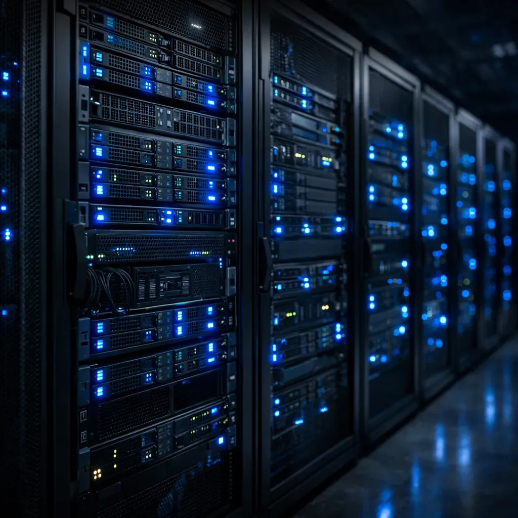Dark server racks with blue lights