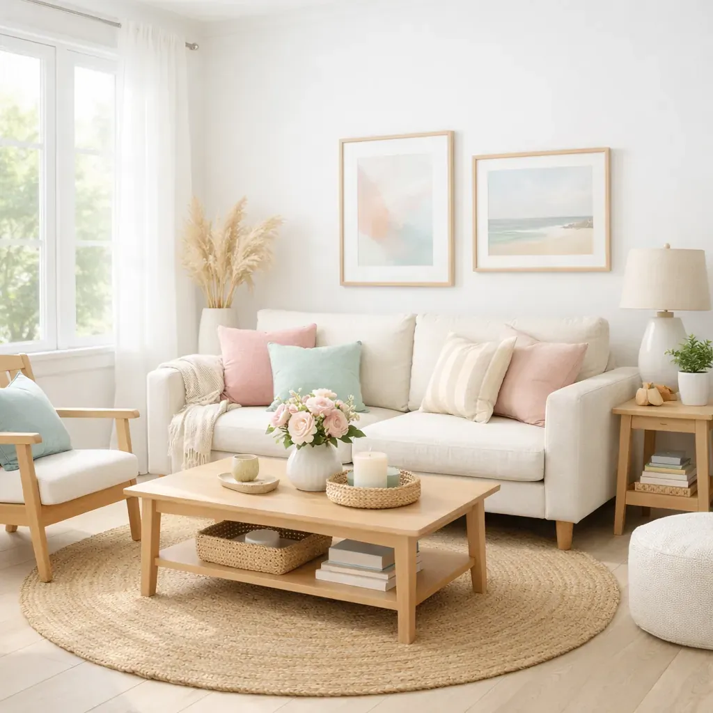 Brightly lit clean living room with pastel accents