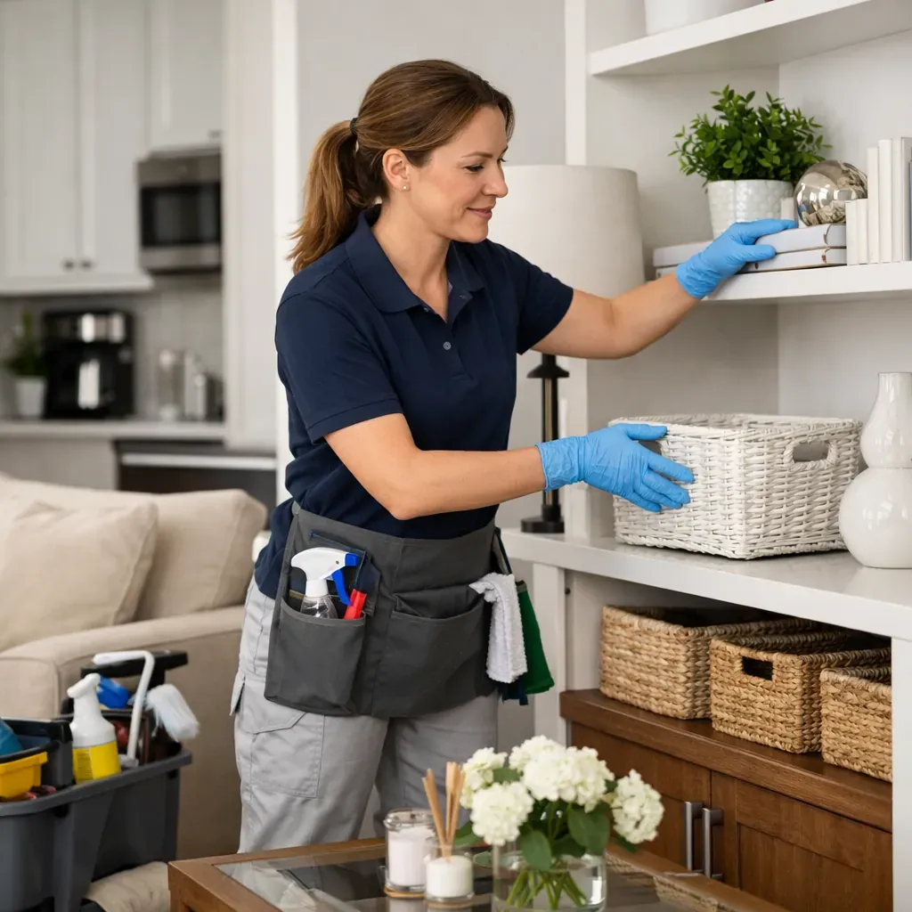 Professional cleaner organizing a pristine space