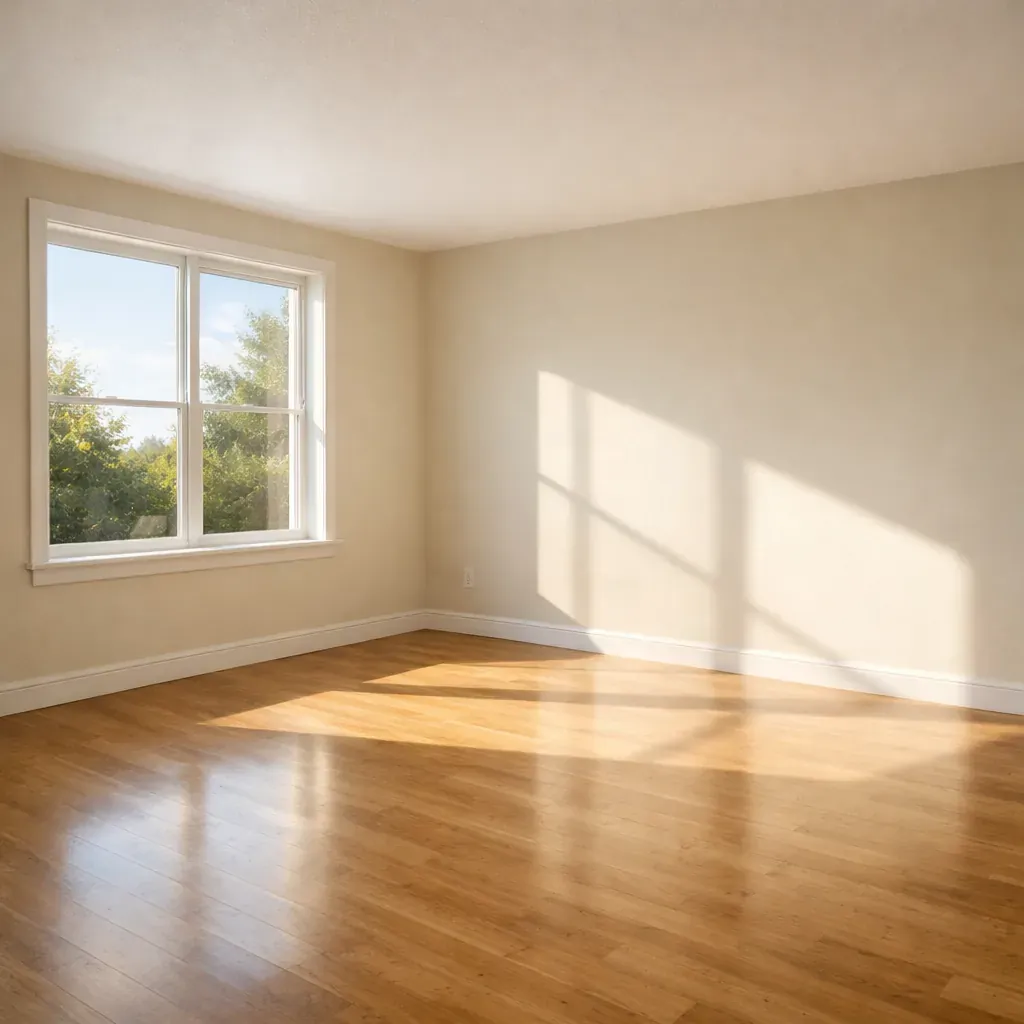Sunlit empty room with clean floors
