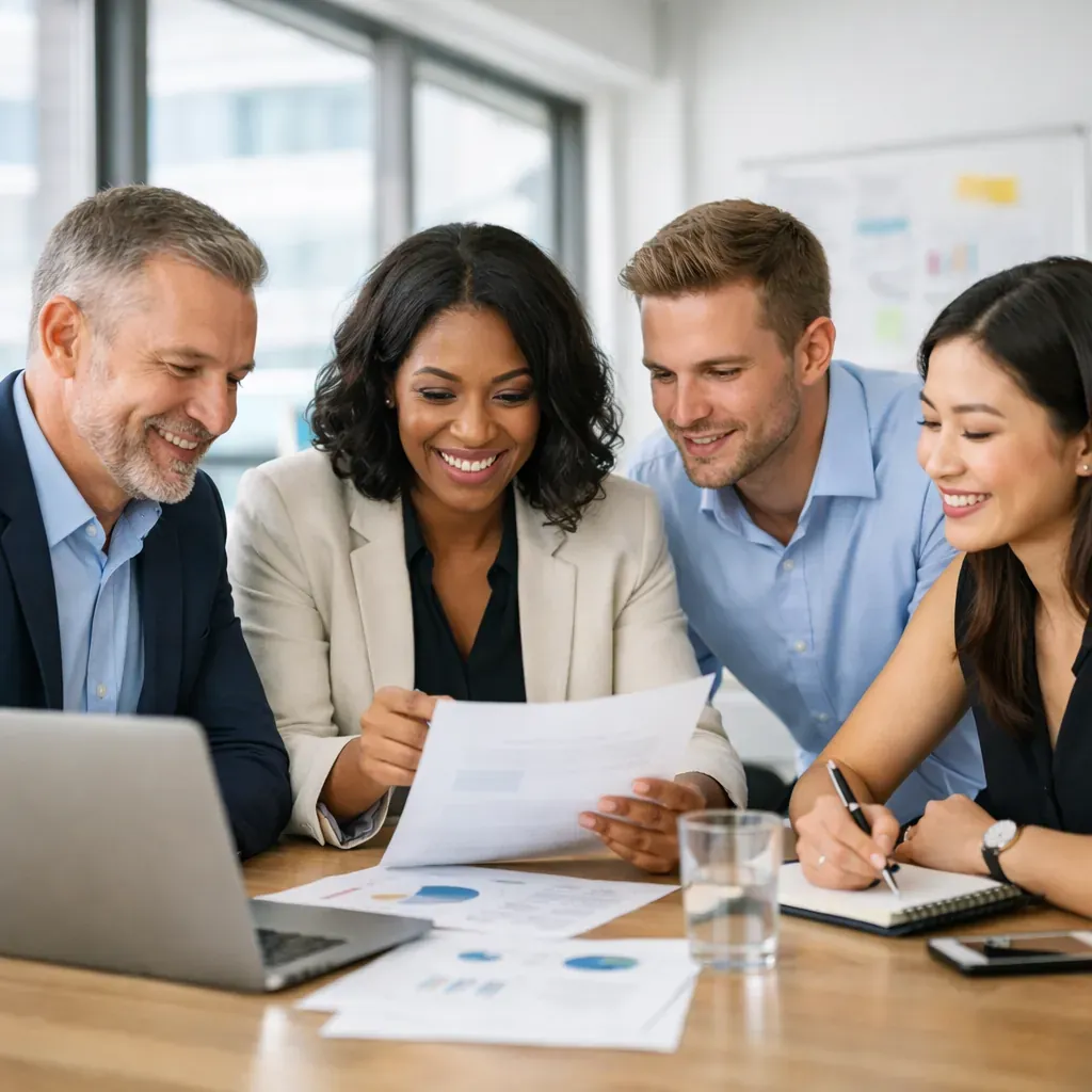 Corporate team collaborating in a bright office space