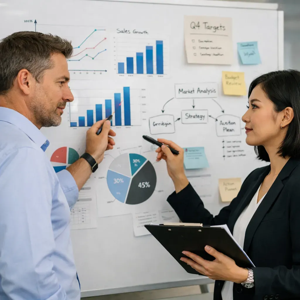 Two professionals analyzing data on a whiteboard