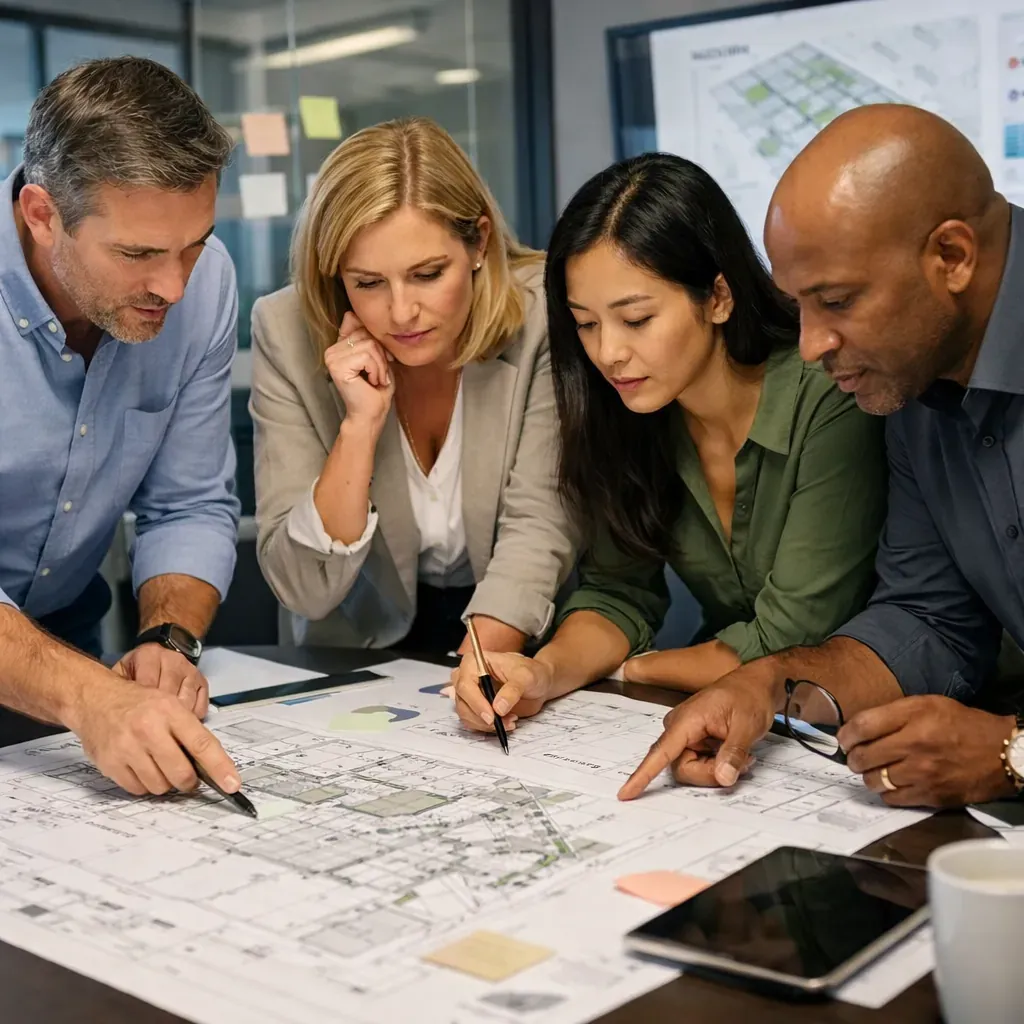 Team analyzing architectural or strategic plans