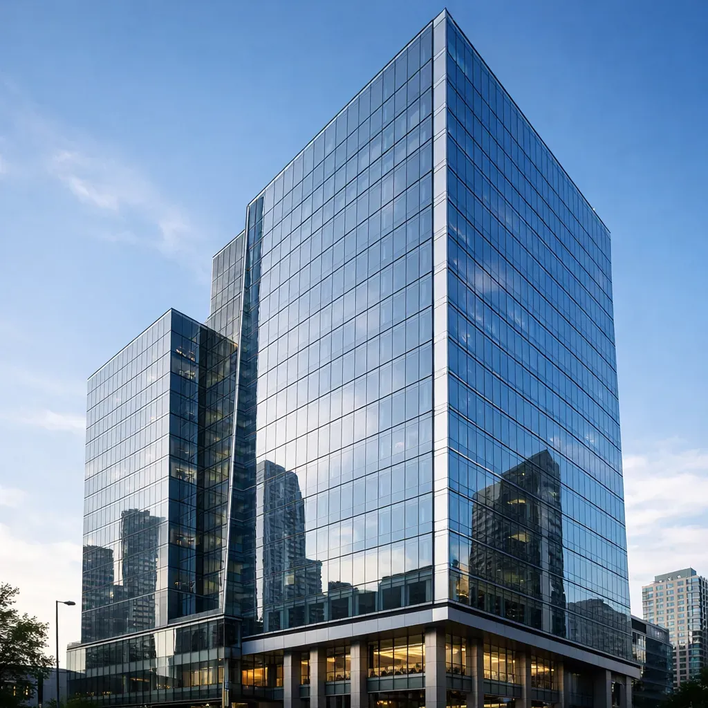 Modern corporate high-rise building with glass facade