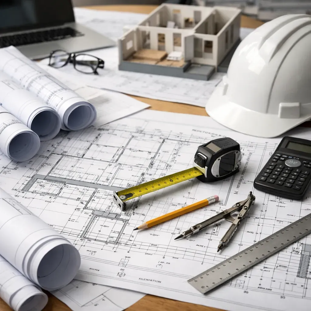 Construction workers collaborating on architectural blueprints