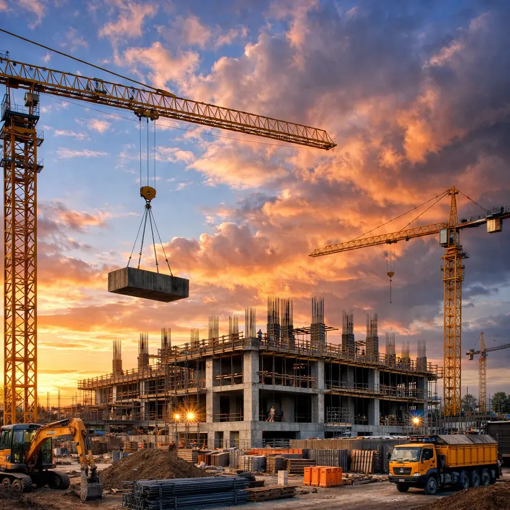 Construction site with vibrant sky