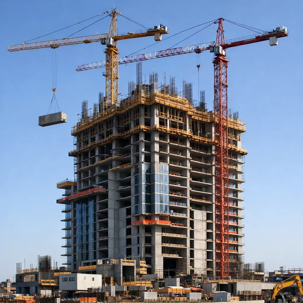 Construction site of a high-rise building against a clear sky
