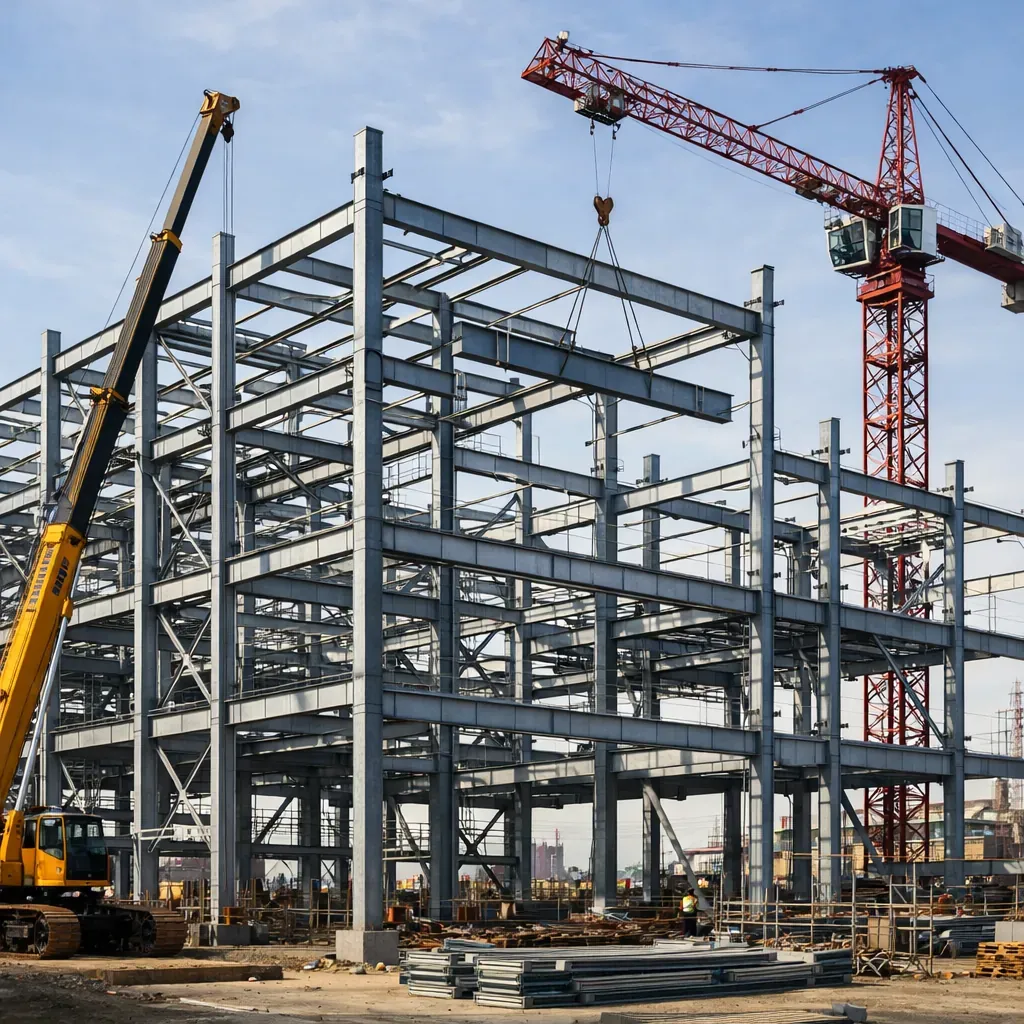 Steel framework of an industrial building with cranes