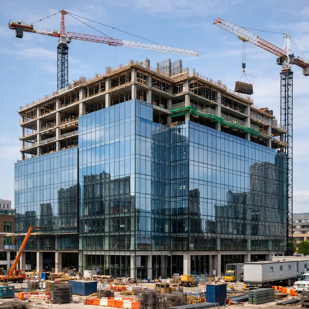 Modern glass building under construction
