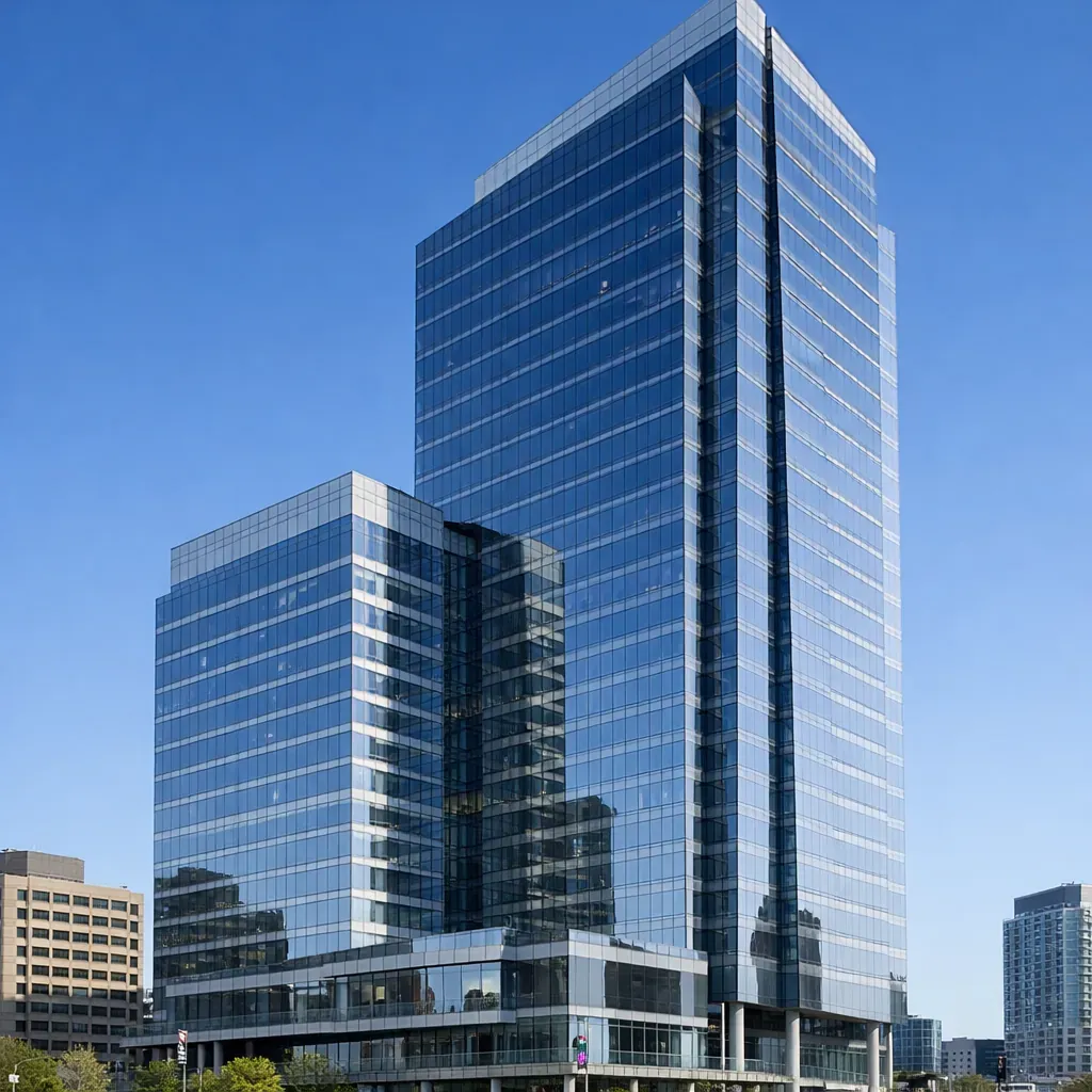 Modern commercial high-rise building under clear sky