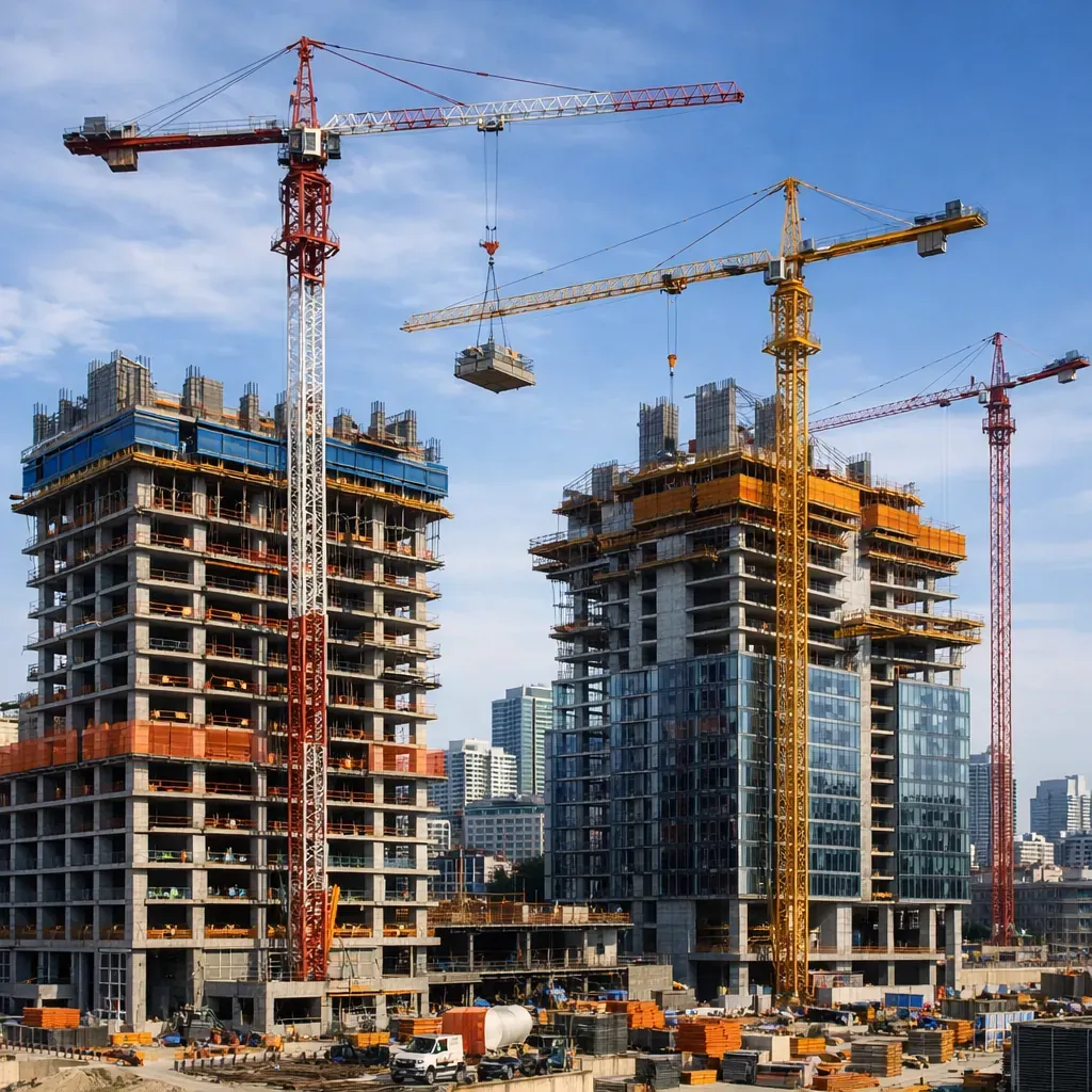 High-rise construction site with cranes