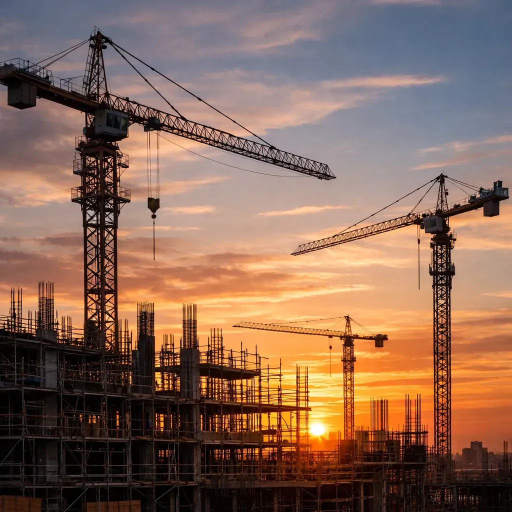 Cranes and scaffolding at sunset