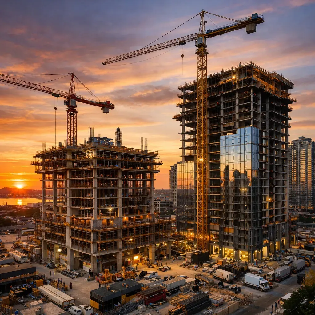 Commercial High-Rise Construction at Sunset