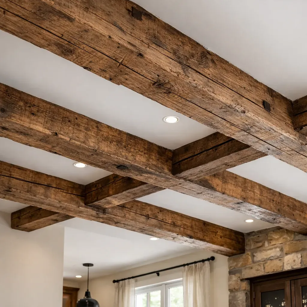 Exposed wooden beams in ceiling