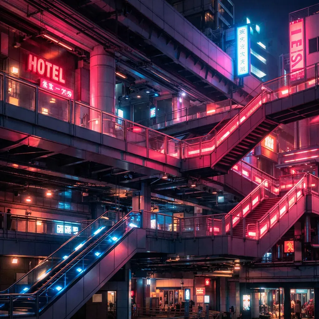 Neon lit city structure