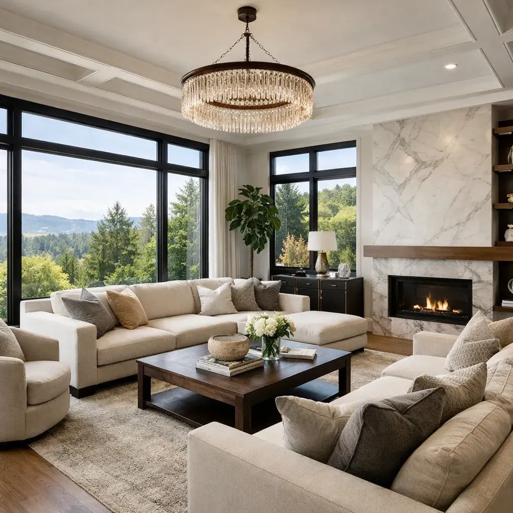 Luxury renovated living room with large windows