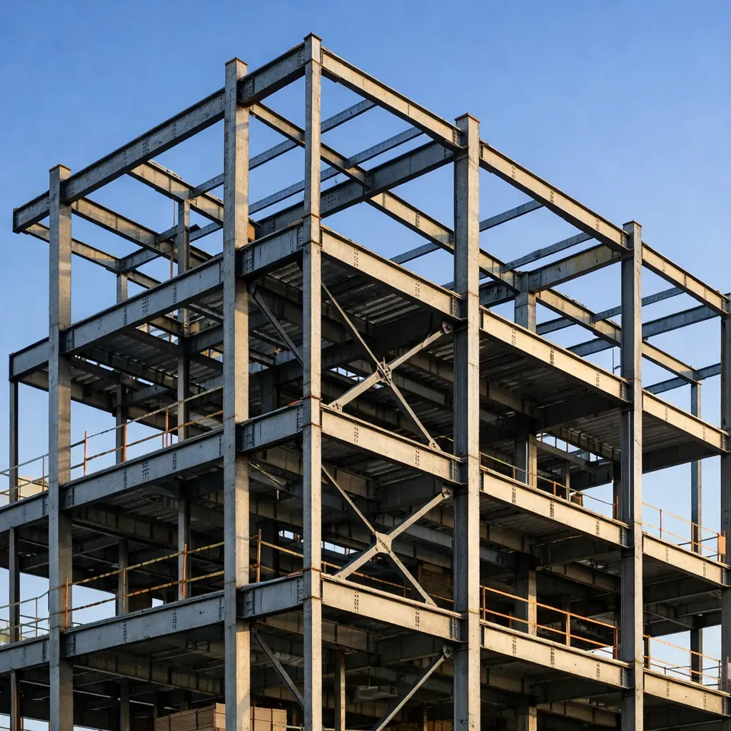Steel framework of a multi-story building against a clear sky
