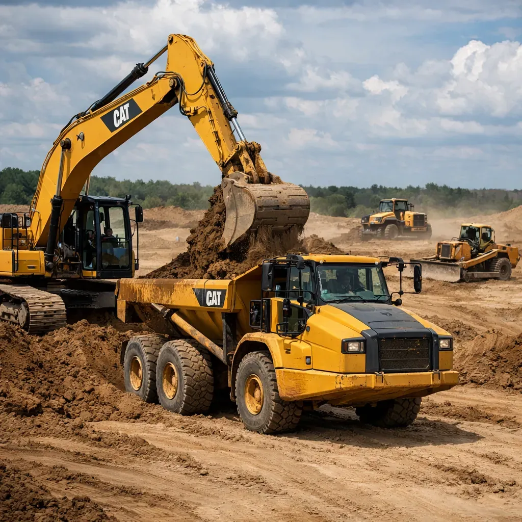 Heavy machinery moving earth on a dirt construction site