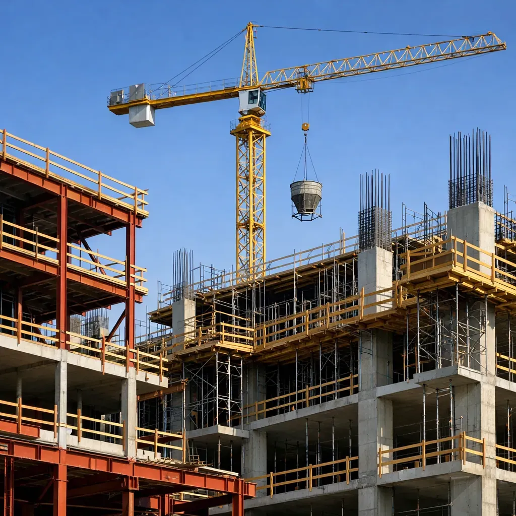 Construction site with structural framework against a clear sky