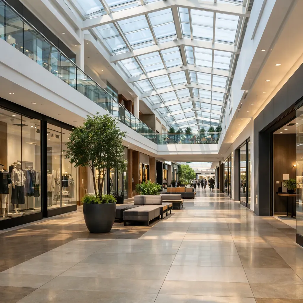 Modern retail center hallway with natural light