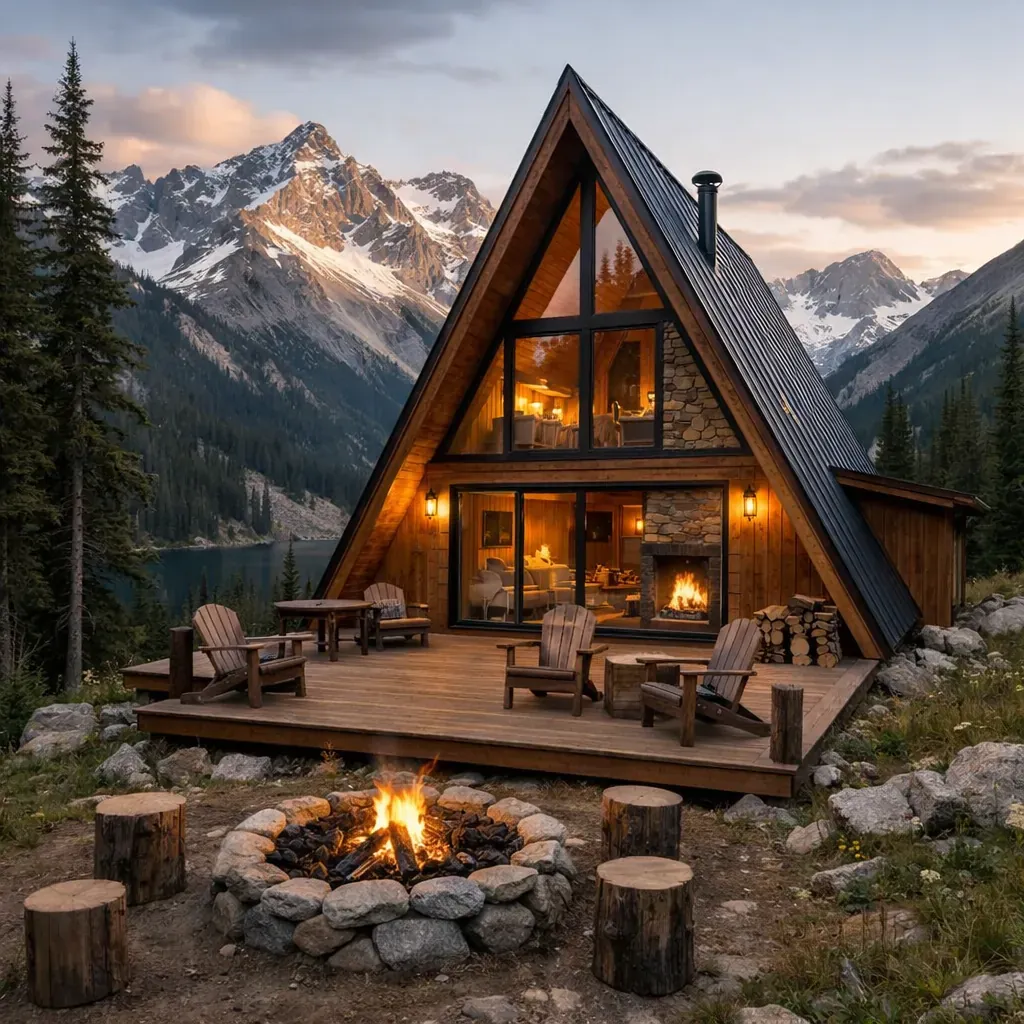 A-frame timber cabin in mountain setting