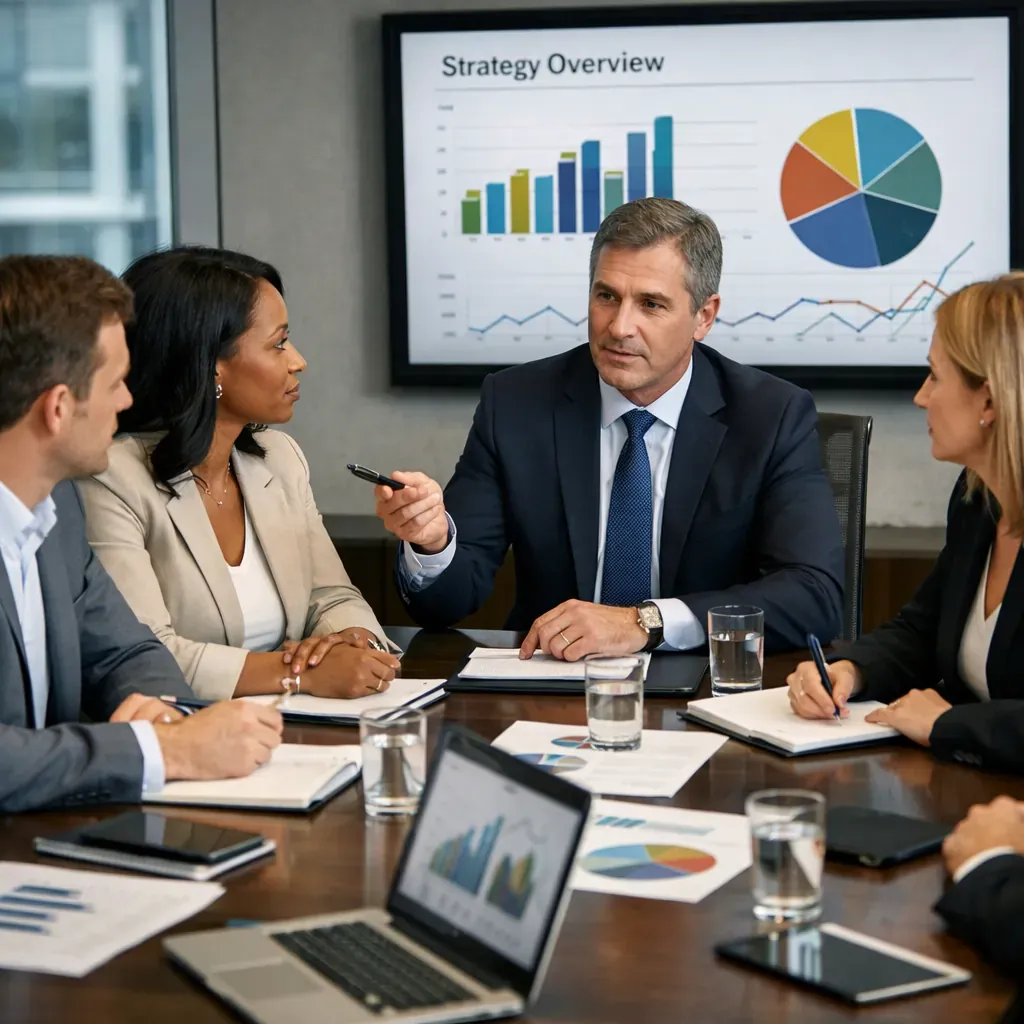 Corporate professionals in a strategic meeting