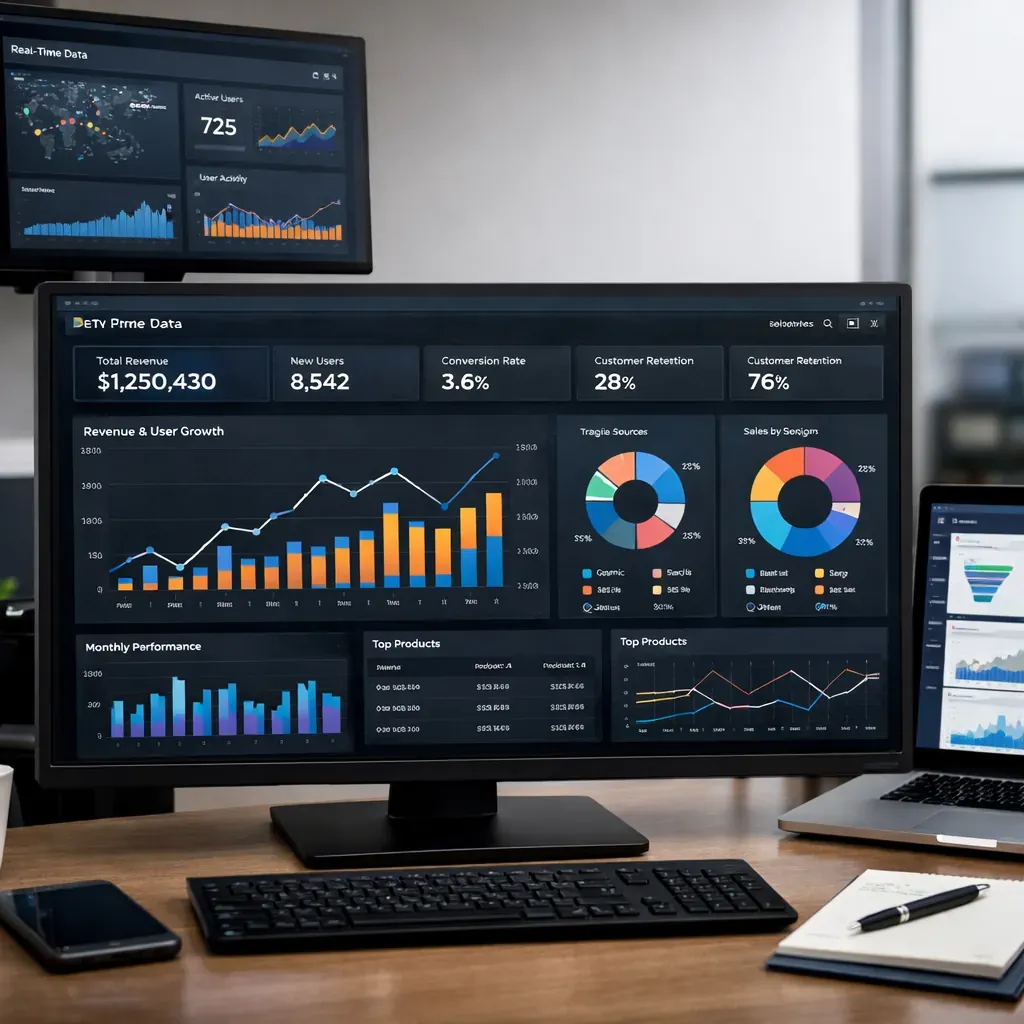 Data dashboard on screens displaying analytics and graphs
