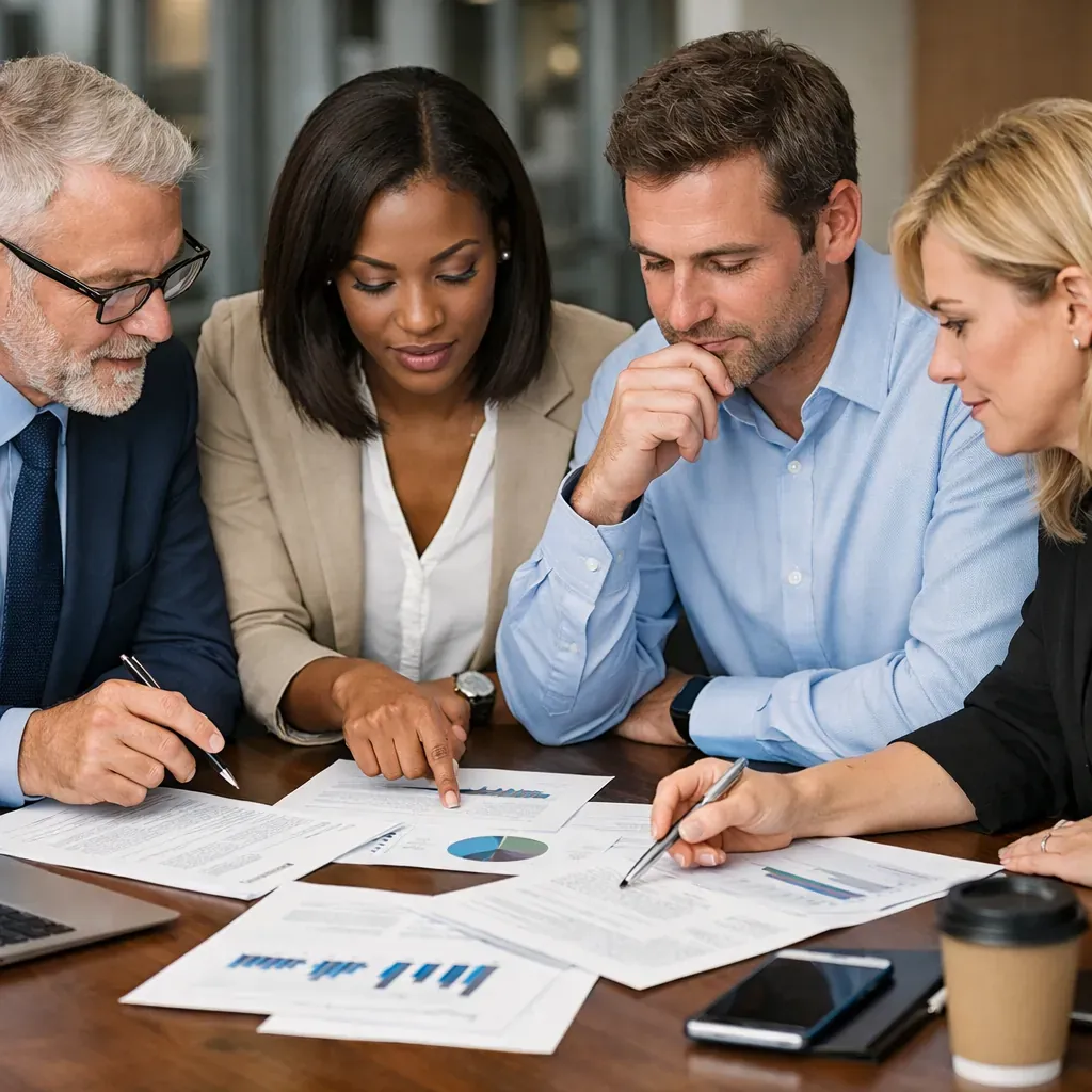 Team reviewing documents on a table