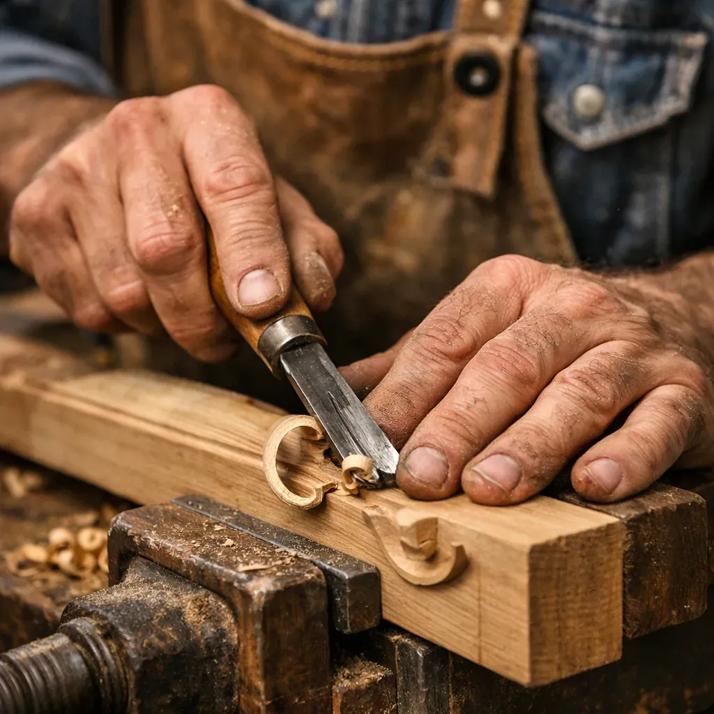 Detailed close up of master craftsman working on wood