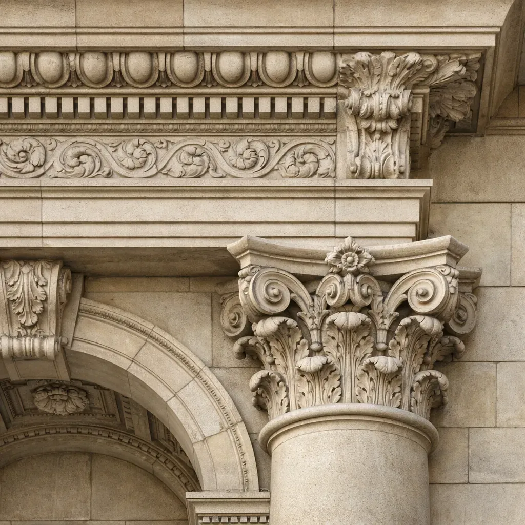 Stone architectural details of a classical building