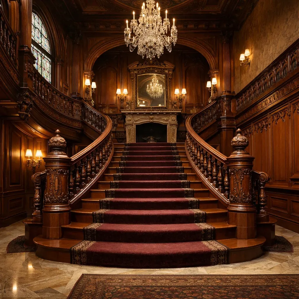 Intricate grand wooden staircase