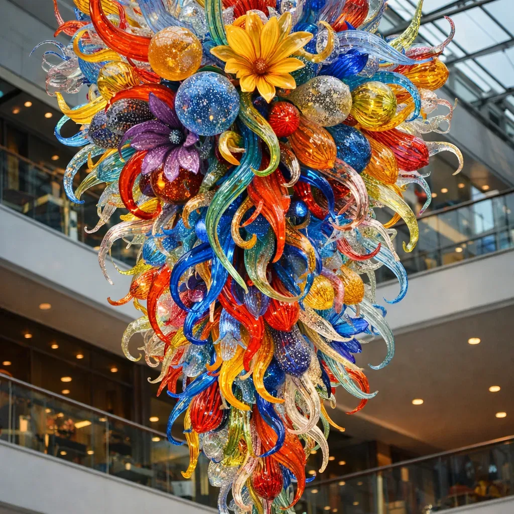 Colorful glass chandelier installation