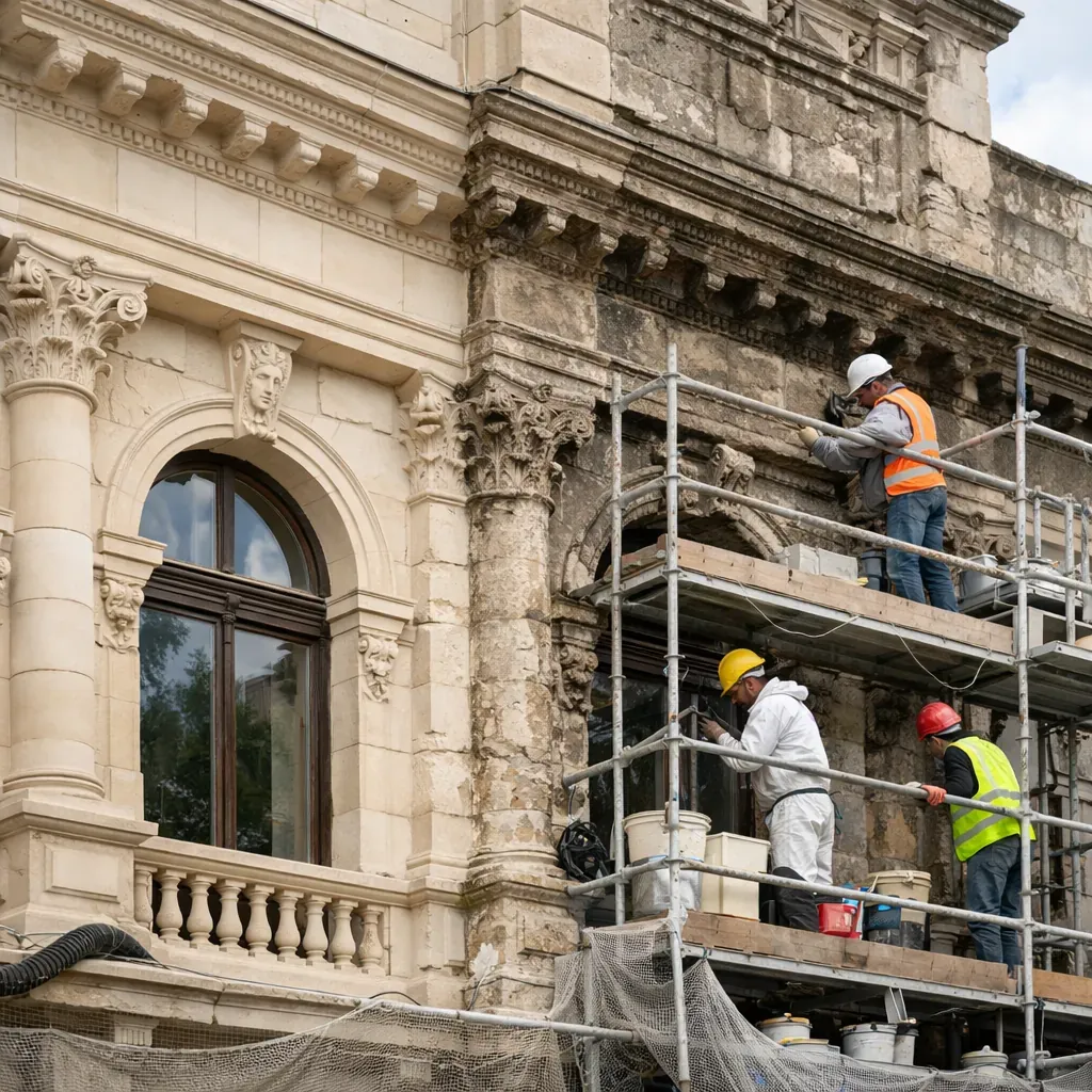 Classic stone building facade restoration