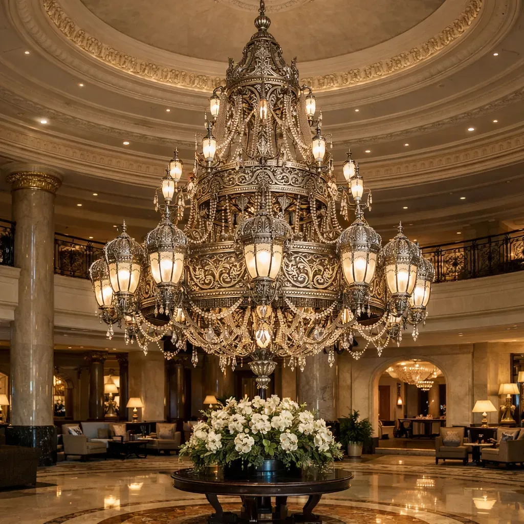 Intricate metalwork chandelier in a luxury lobby