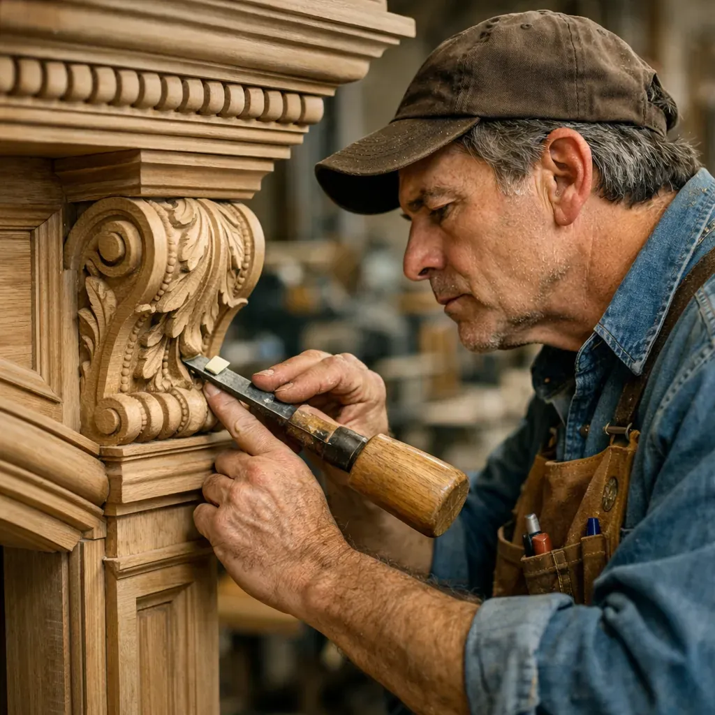 Master carpenter working on detailed architectural millwork