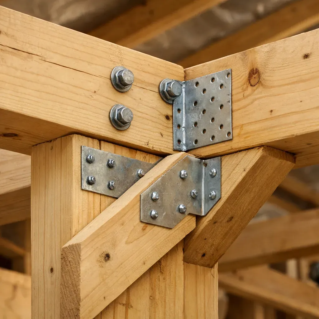 Close up of structural timber framing joints