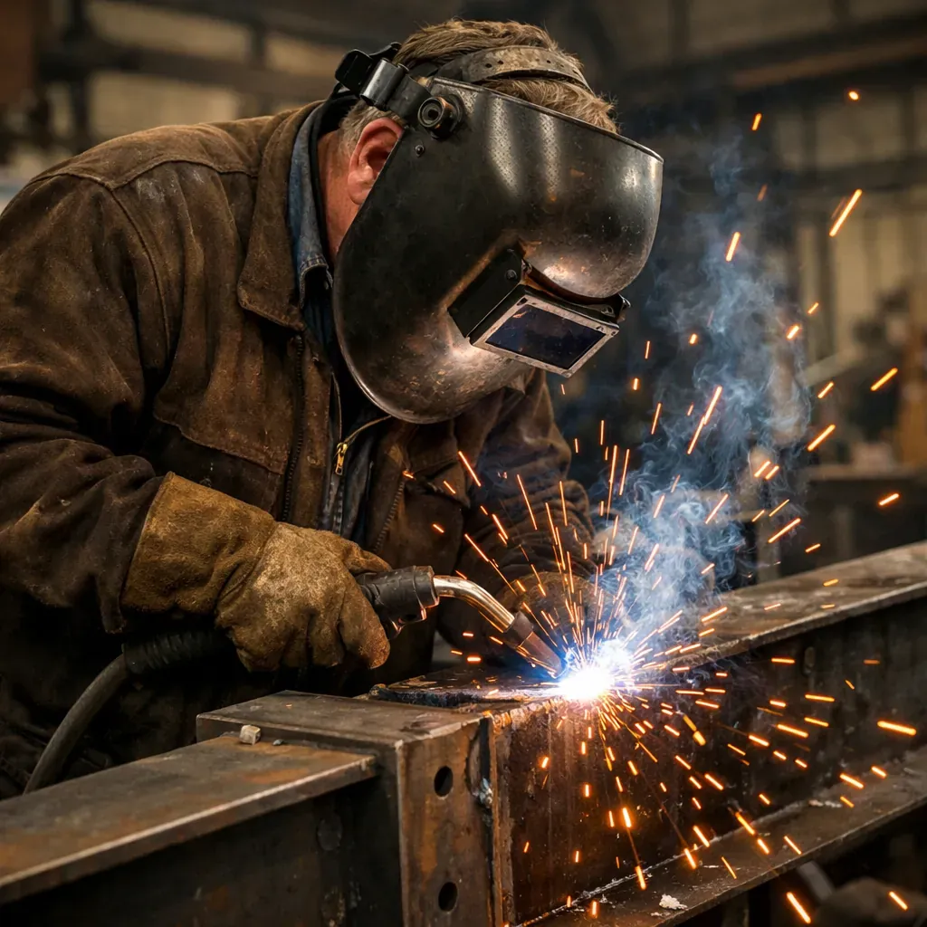 Master craftsman welding structural steel with bright sparks