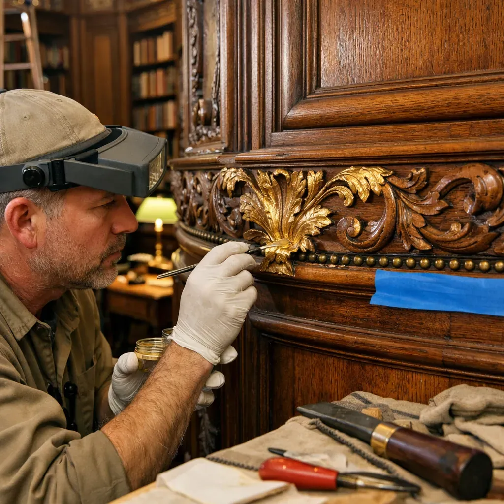 Detailed woodwork restoration in a library