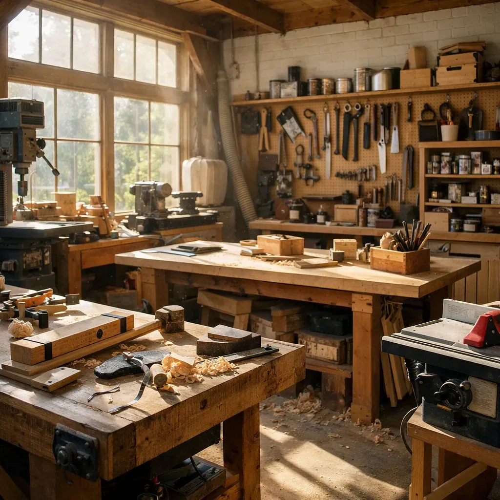 Sunlit woodworking studio environment